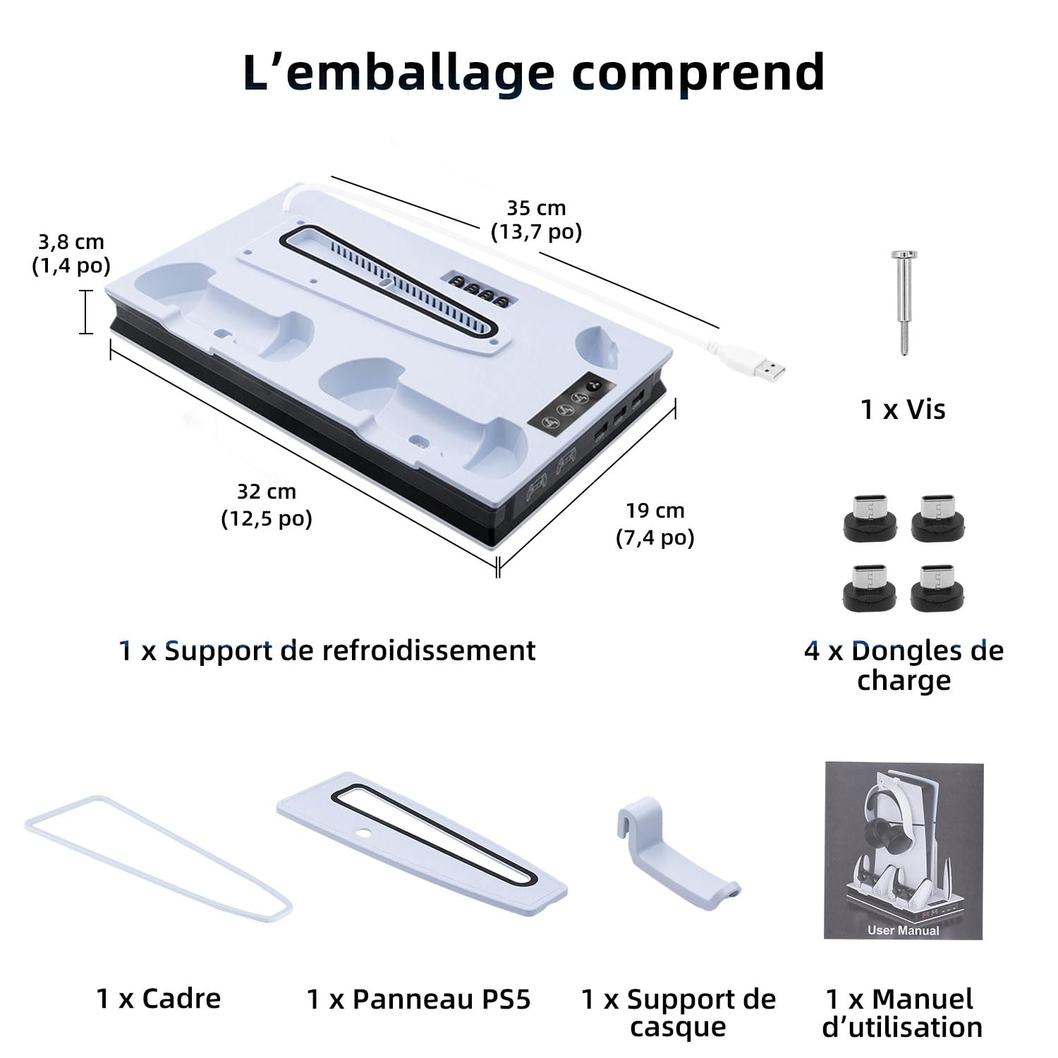 Support de Refroidissement pour PS5 Pro, PS5 Slim UHD/Digitial Edition Ventilateur Station de Refroidissement, Chargeur Manette, avec Support de Casque, 3 USB - Blanc