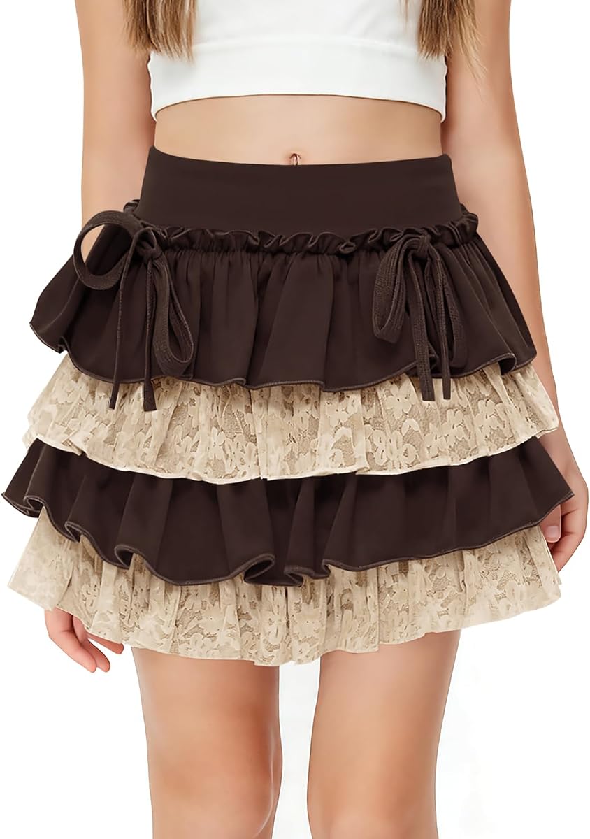Girls Ruffle Tiered Mini Skirt Kids Cute Bowknot Lace Trim Lolita Skirts with Shorts 5-14 Years