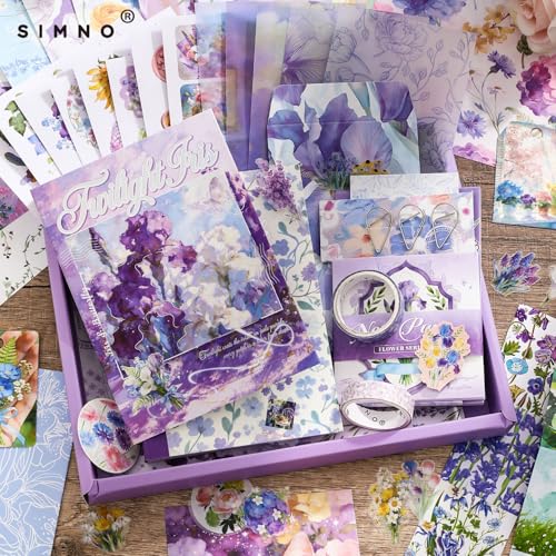 Image of VIBE VISTA Vintage Aesthetic Scrapbook Kit, 346 Pcs, A6 Grid Notebook, Washi, Envelopes, Scrapbook Papers, Folding Labels, Background Papers, Photo Frames, Calendar Stickers, Stickers (Twilight iris)
