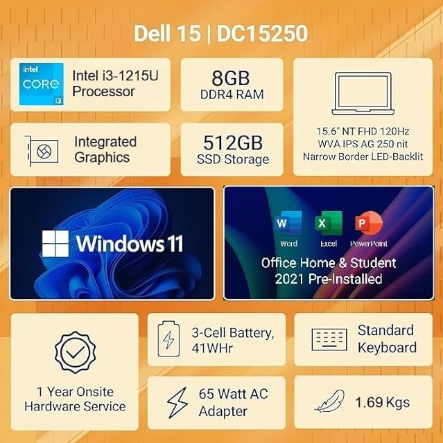 Dell 15 (Previously Inspiron) Laptop, 14th Gen Intel Core 3 100U Processor, 8GB DDR4, 512 SSD, 15.6" NT FHD 120Hz IPS AG 250 nit Display, Win 11 + Office H&S 2024, Carbon Black, Thin & Light- 1.63Kg view 2