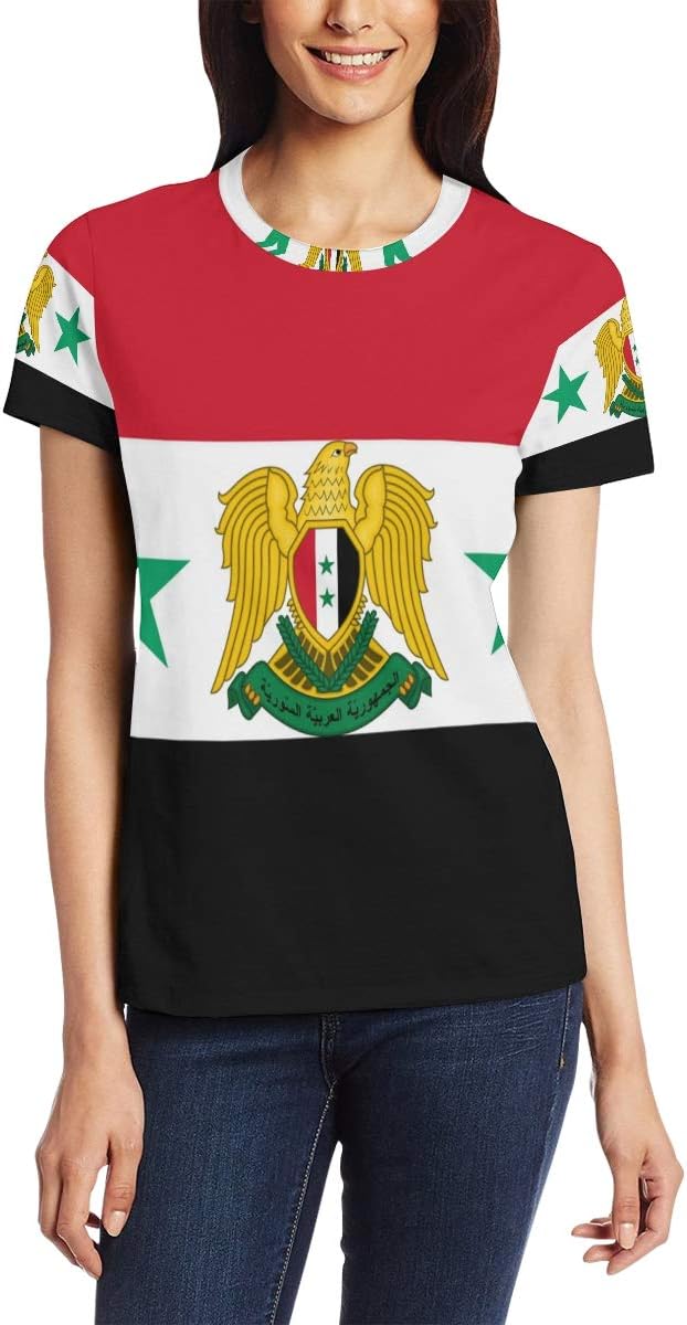 Short Sleeve Round Neck T-Shirt Casual Blouse Womens Syrian Flag National Emblem