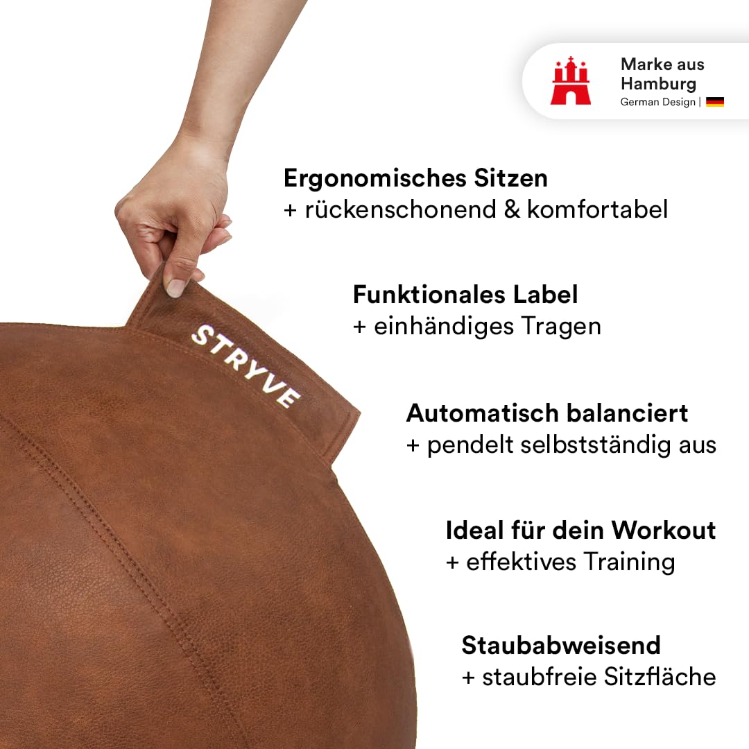 STRYVE Sitzball Büro 65,70cm - Ergonomischer Gymnastikball mit waschbarem Bezug und Wegrollschutz, inkl. Luftpumpe - Belastbar bis 150kg - Als Bürostuhl, Hocker