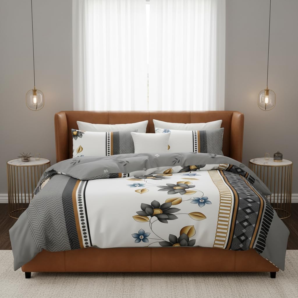 CozyCreatures Duvet Cover Queen Size Grey 4-Piece Queen Duvet Cover Vintage Bohe Striped Grey Floral Bedding Set Comforter Cover with Zipper Closure 4 Corner Ties 1 Fitted Sheet 2 Pillowcases