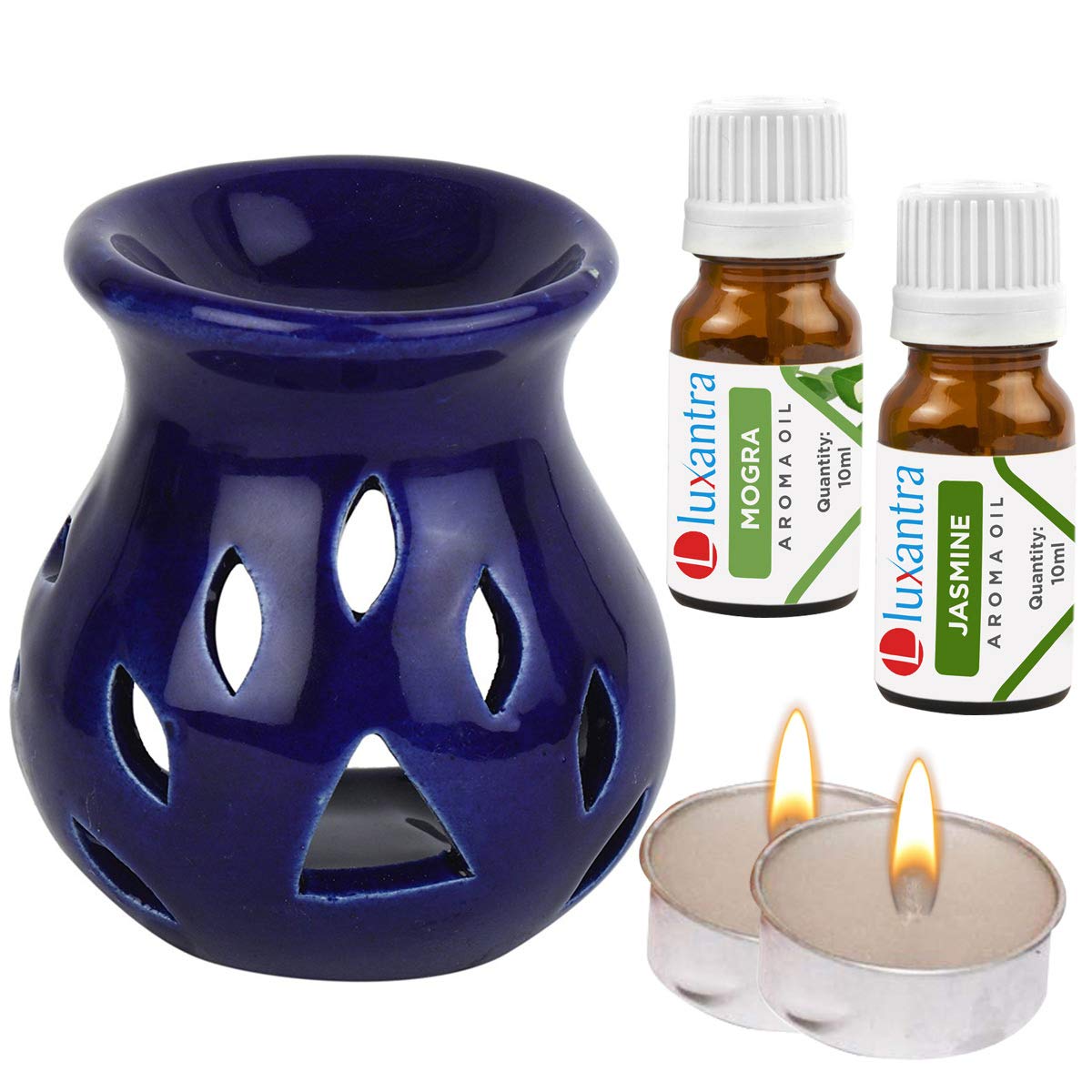 Luxantra Ceramic Aroma Diffuser Oil Burner with Mogra Jasmine Aroma Oil with 2 Tlight Candle Free for Home Office Hotel Spa