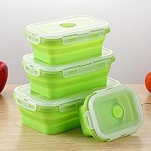 مجموعة من 4 حاويات تخزين طعام قابلة للطي، حاويات تخزين مع غطاء، صندوق بينتو مصنوع من السيليكون، حاويات صندوق غداء قابلة للطي للميكروويف والثلاجة والفريزر، لانش بو (اخضر، مستطيل)