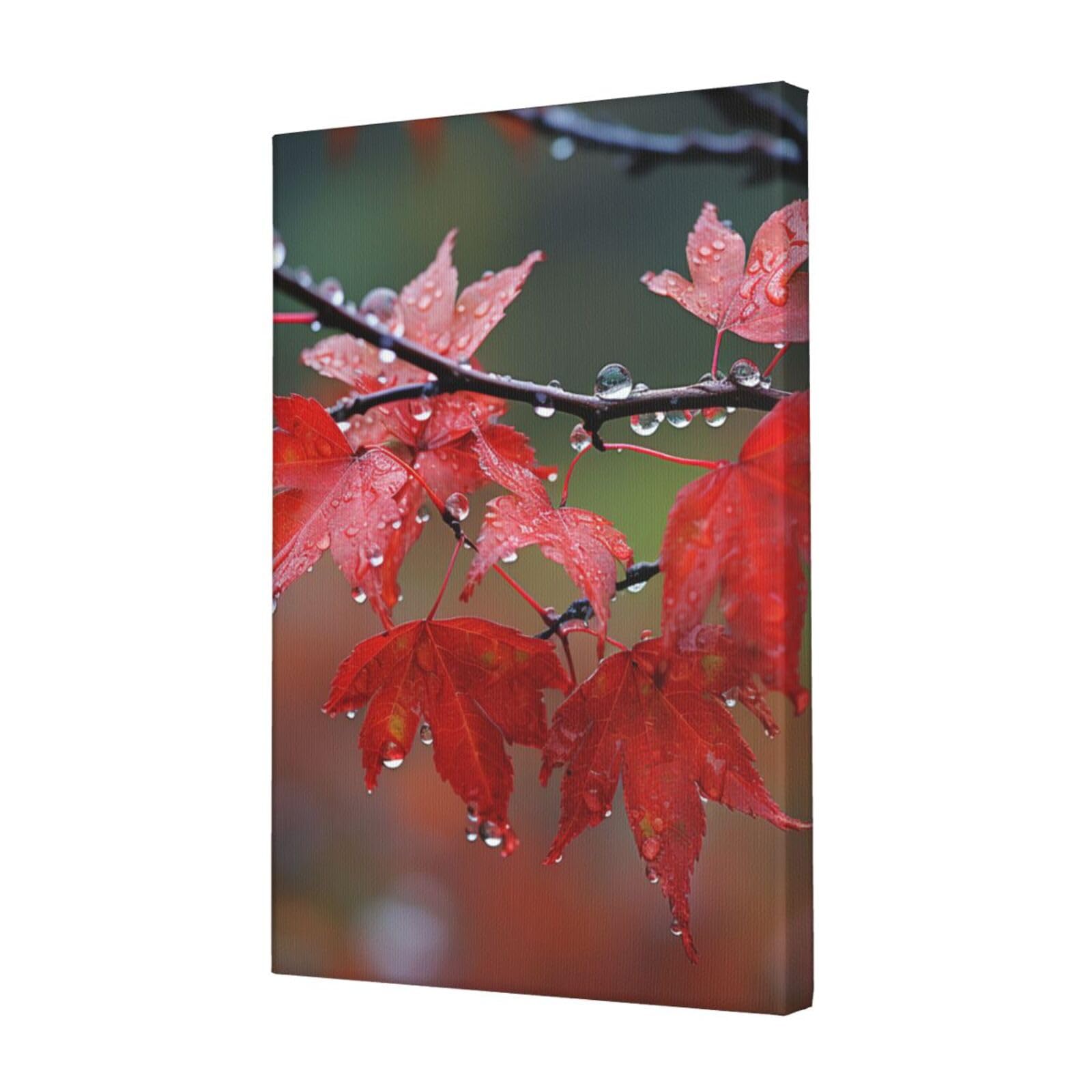 FodPand Dew on Red Leaves Canvas Wall Art for Living Room Wall Decor 12"x18" Modern Artwork Painting Pictures Hanging Canvas Prints Aesthetic Wall Art for Bedroom Bathroom Office Wallart Decor