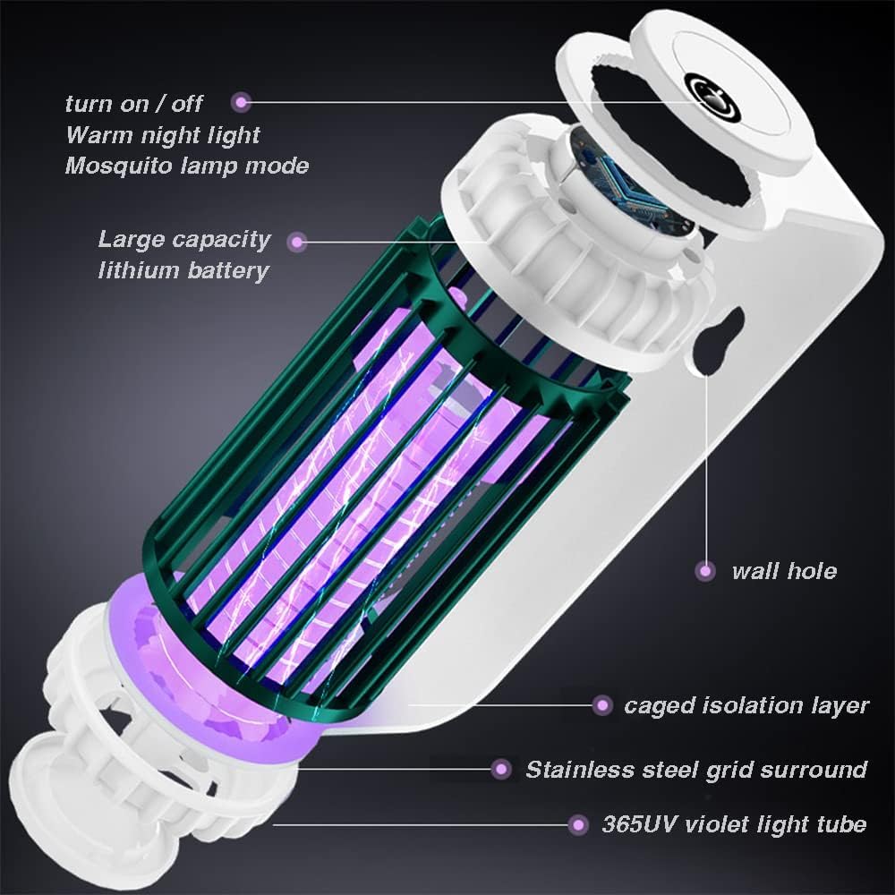 Lampada antizanzare Ricaricabile - Zapper Elettrico per Uso Interno ed Esterno, Trappola per Mosche a Luce UV, insetticida a Parete per Campeggio e Cucina Domestica Funziona a Batteria Grigia
