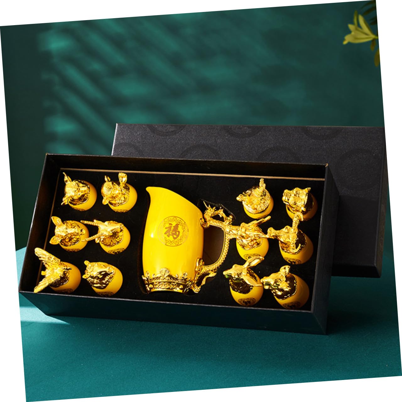 Cabilock 1 Juego Juego de Vino del Zodiaco Chino Vasos bañados en Oro Vasos de Licor de Whisky Kit de Bebida de Licor de cerámica Copa de Licor del Zodiaco Dorado Frasco dispensador de Agua
