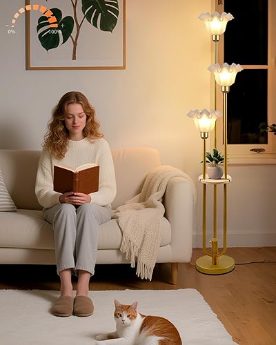 Miniatura 28 de Lightdot Lámparas de pie bohemias regulables para sala de estar, lámpara de pie de ratán de 3 luces con estantes, lámpara de pie de granja blanca