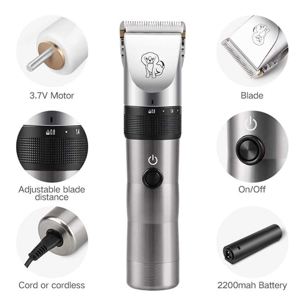 MAJUN Pet Clipper Elettrico, Regolabile Low Noise di Ricarica USB Cane del Rasoio, Gatto Capelli Clipper cesoie con 4 Pettine e Spazzola di Pulizia
