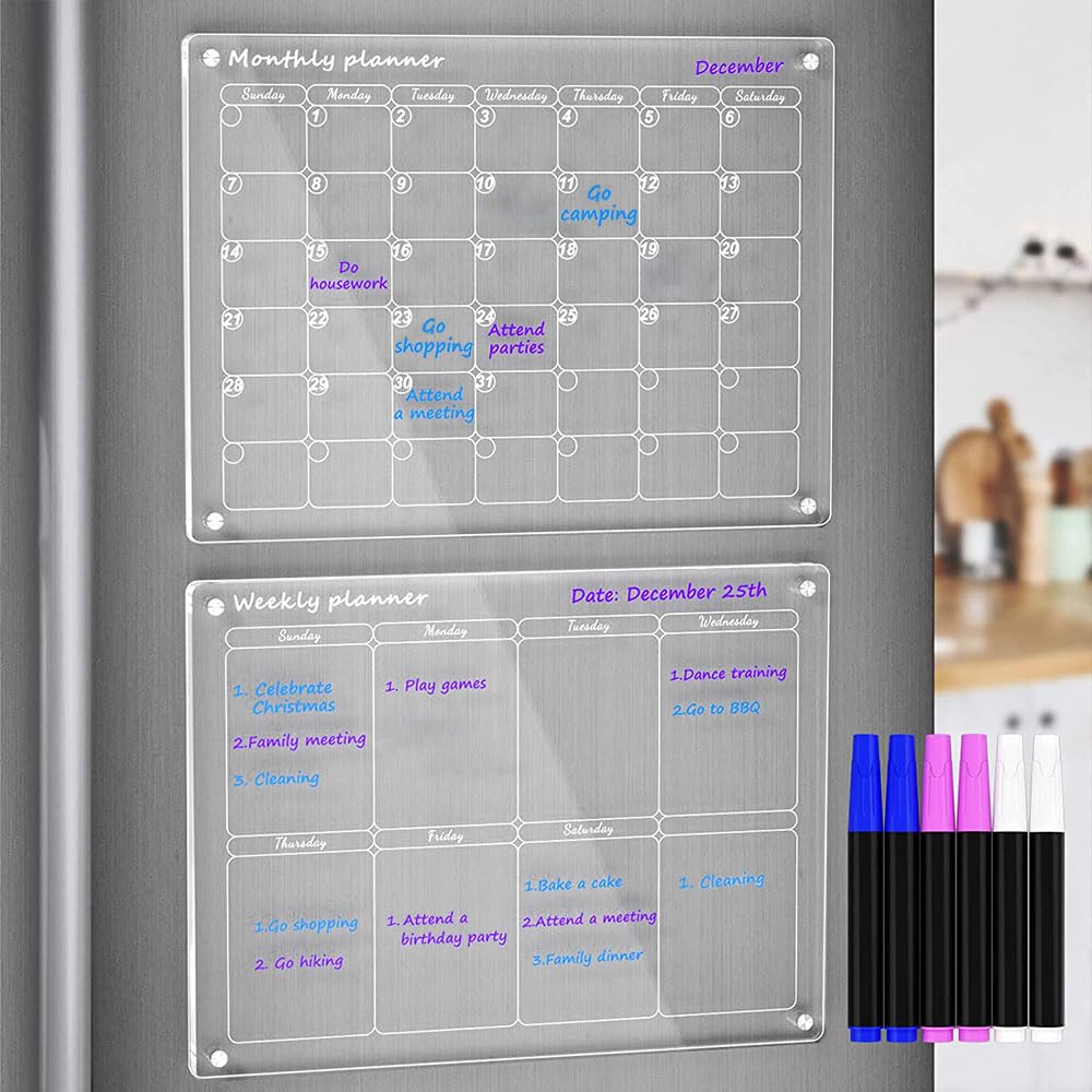 Funito Acrylic Magnetic Monthly and Weekly Calendar for Fridge, Clear Set of 2 Dry Erase Board Calendar for Fridge Reusable Planner, Includes 6 Dry Erase Markers with 3 Colors(39x29cm), transparency