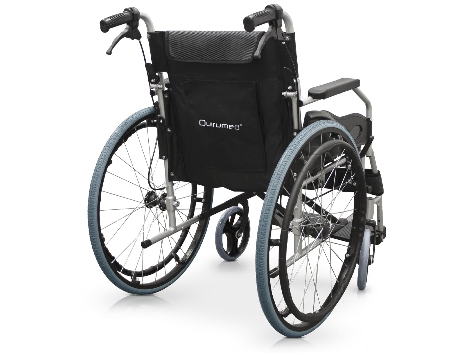 QUIRUMED Silla de ruedas manual de aluminio, Plegable, Ligera, Ancho asiento 46 cm, Frenos de maneta, Acolchada, Para minusválidos, Para personas mayores, Hasta 110 kg