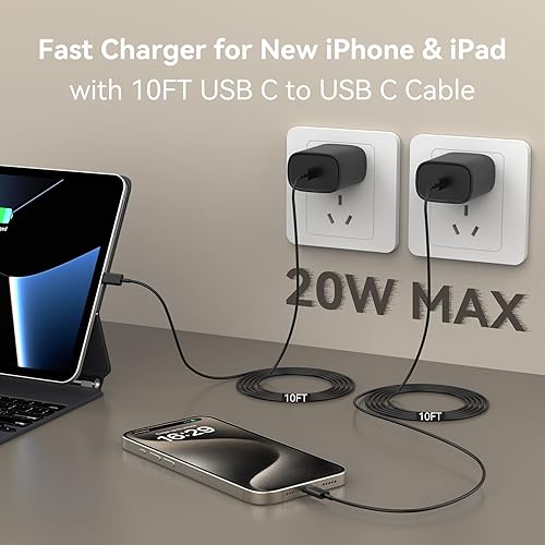 Miniatura 10 de Cargador para iPhone 15 de carga rápida, certificado MFi cable de carga USB C a C de 10 pies de largo con bloque de carga rápida de iPhone de 20 W