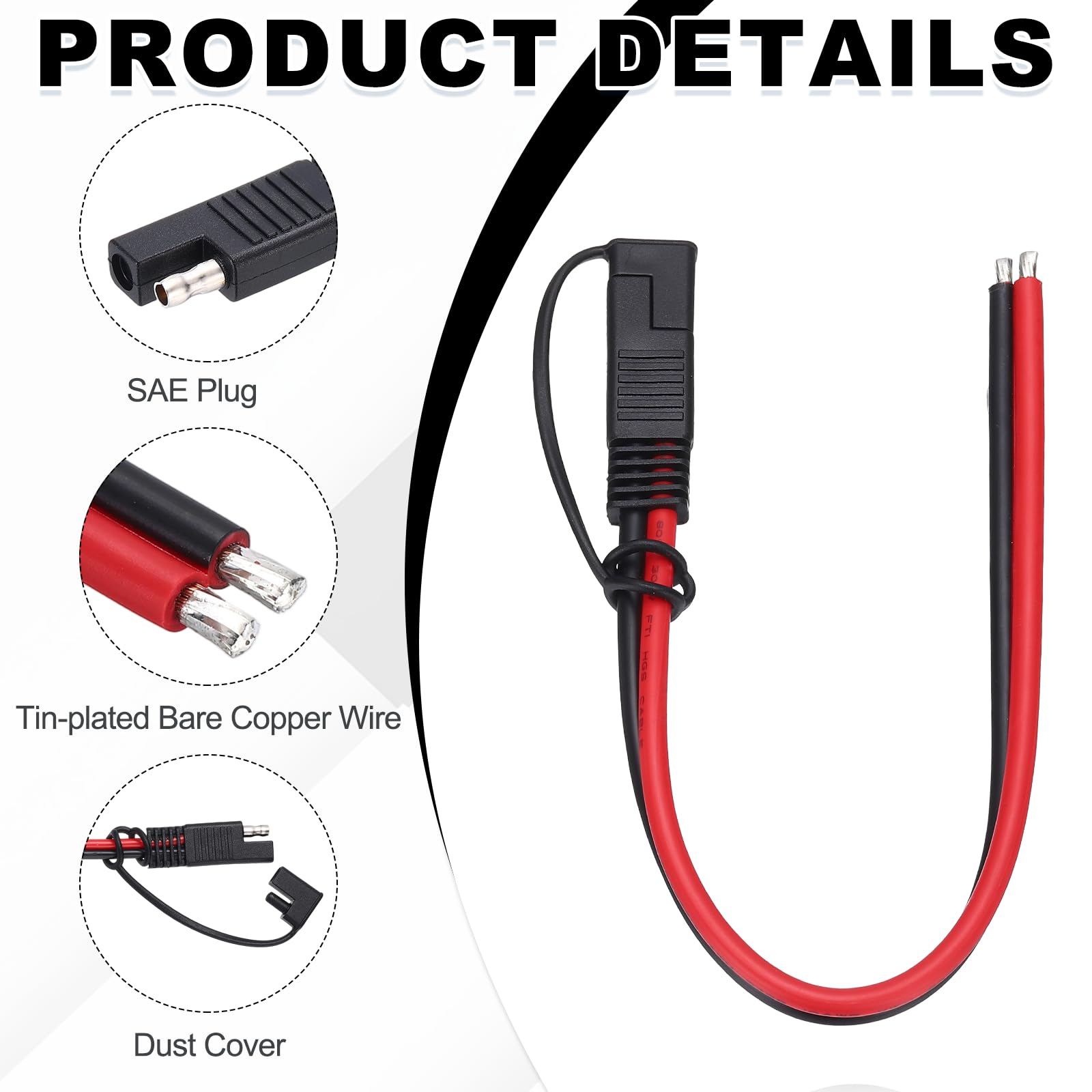 QUARKZMAN Connettore SAE, Cavo Di Estensione SAE 1FT 10 AWG Con Copertura, Connettore Rapido A 2 Pin A Estremità Scoperte Stagnate 300V Per Pannelli Solari Auto Moto Barche, Confezione
