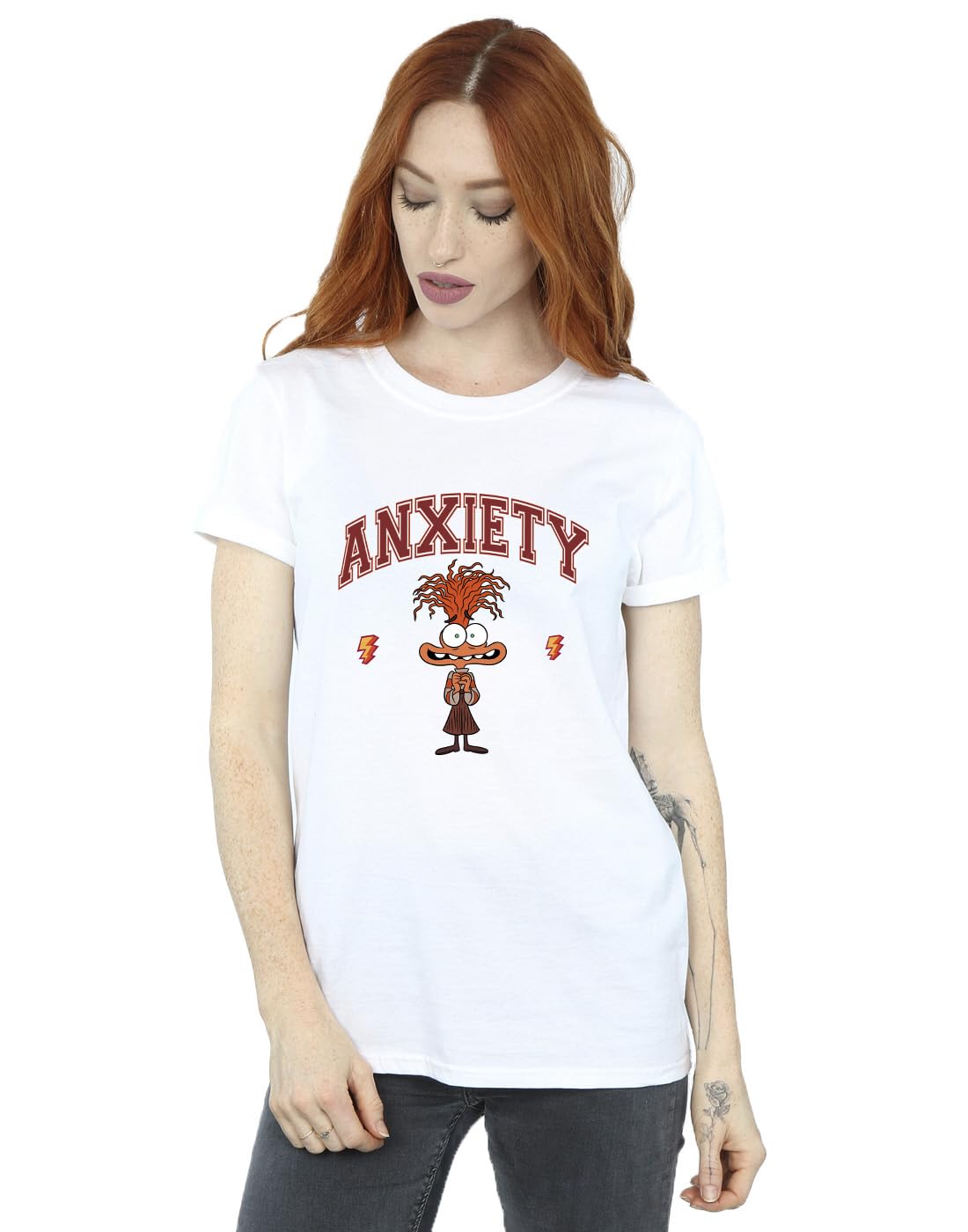 Disney Women's Inside Out 2 Anxiety Collegiate Boyfriend Fit T-Shirt White Medium