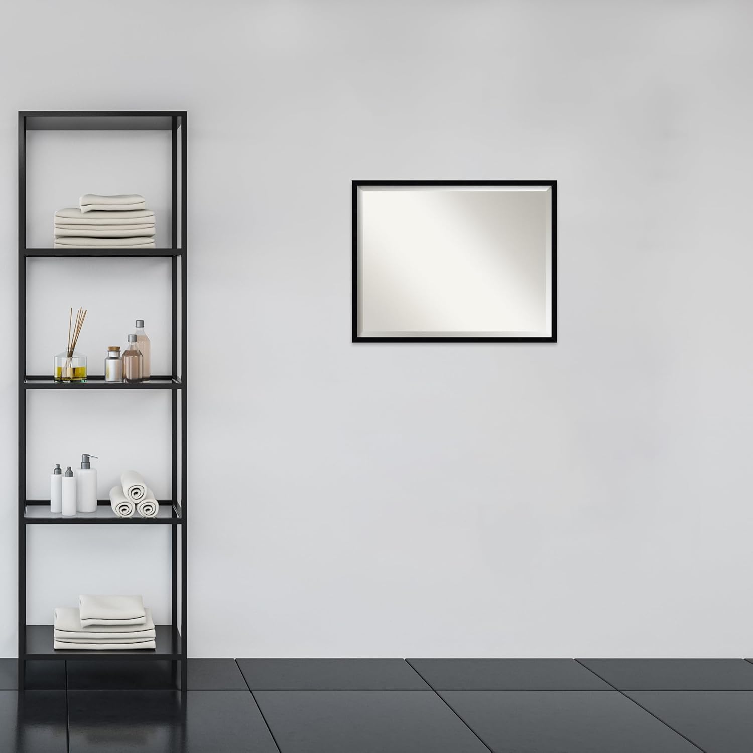 Amanti Art Black Bathroom Mirror for Over Sink, 23x29 Svelte Noir Black Rectangle Vanity Mirror, Large Modern Wood Frame, Hangs Horizonally and Vertically, Bathroom Wall Decor, Beveled Edge