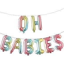 REIANS 16 Inch Oh Babies Balloons Twins Newborn Baby Shower Birthday Party Supplies Decorations Gender Reveal Rainbow, 13pcs, Happy Birthday Letter, Blow Up Straw, 10m String