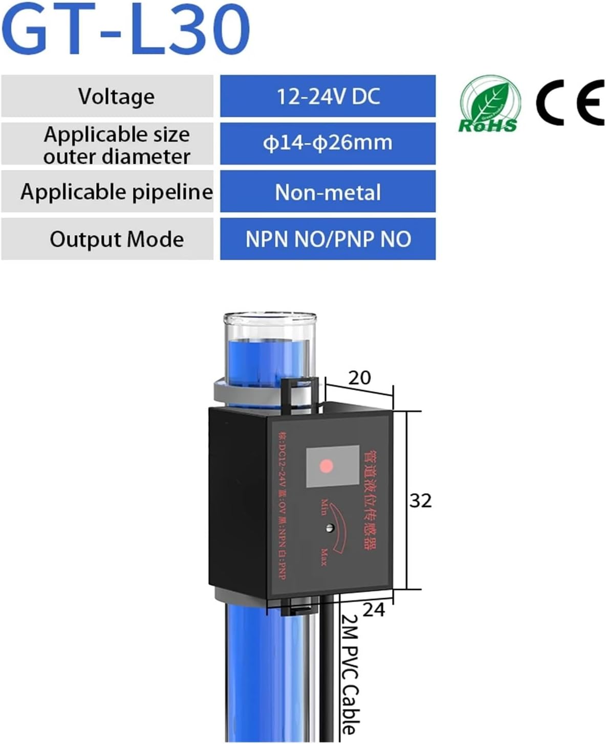 Liquid Level Sensor Non-Metallic Pipeline Water Level Detection Limit Switch NPN PNP Non-Contact capacitive Sensing Switch(14-26mm Pipeline)