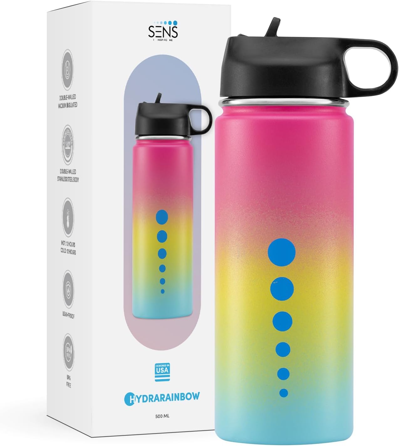 SENS Hydra Rainbow 304 Stainless Steel Sipper Bottle Hot or Cold up to 24 Hours | Leak Proof | BPA Free | Travel | Adult & Kids | 500 ml|Rainbow