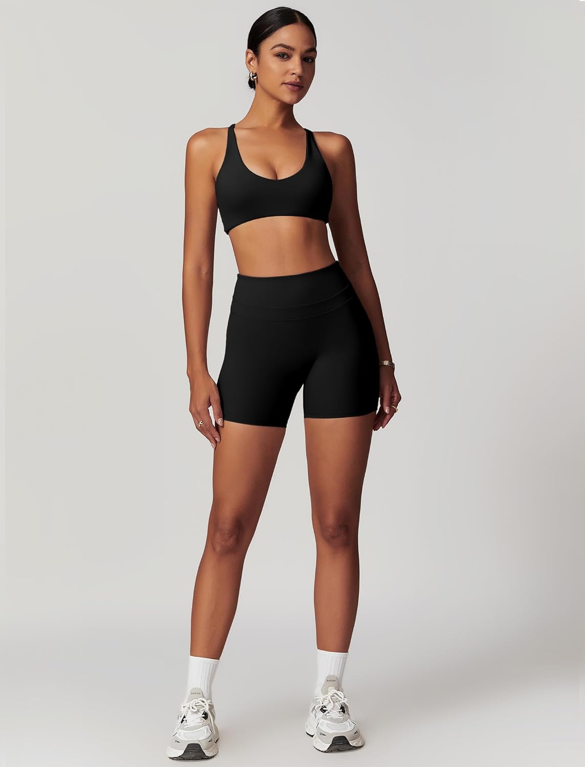 ABOCIW Workout Sets for Women 2 Piece V Neck Twist Back Sports Bra High Waist Biker Shorts Yoga Outfits - Image 5