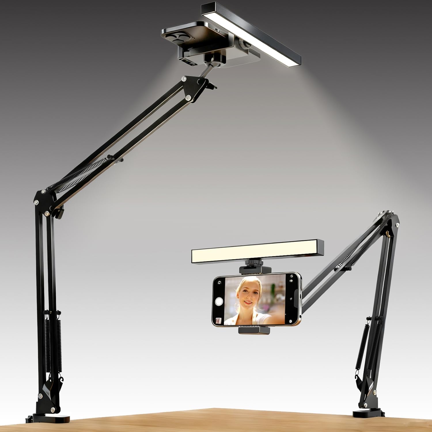 Desk Selfie Light with Overhead Phone Mount, Adjustable Arm & Phone Holder, USB Powered Video Light for Content Creation, Photo Shooting, Live Streaming，Video Recording