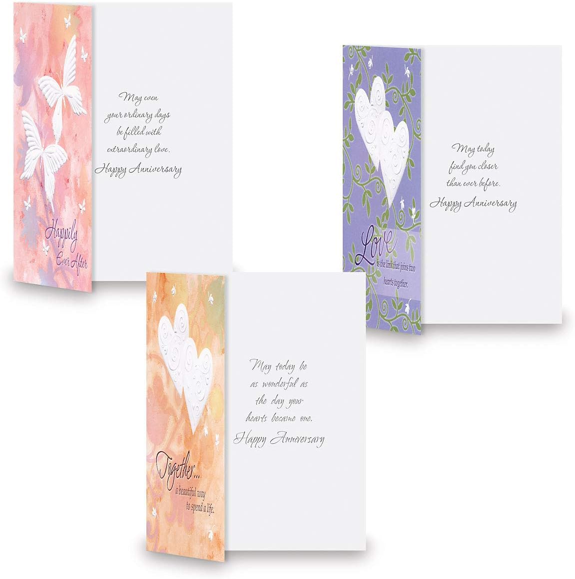 Dins view of three more anniversary cards showing pre-printed sentiments.