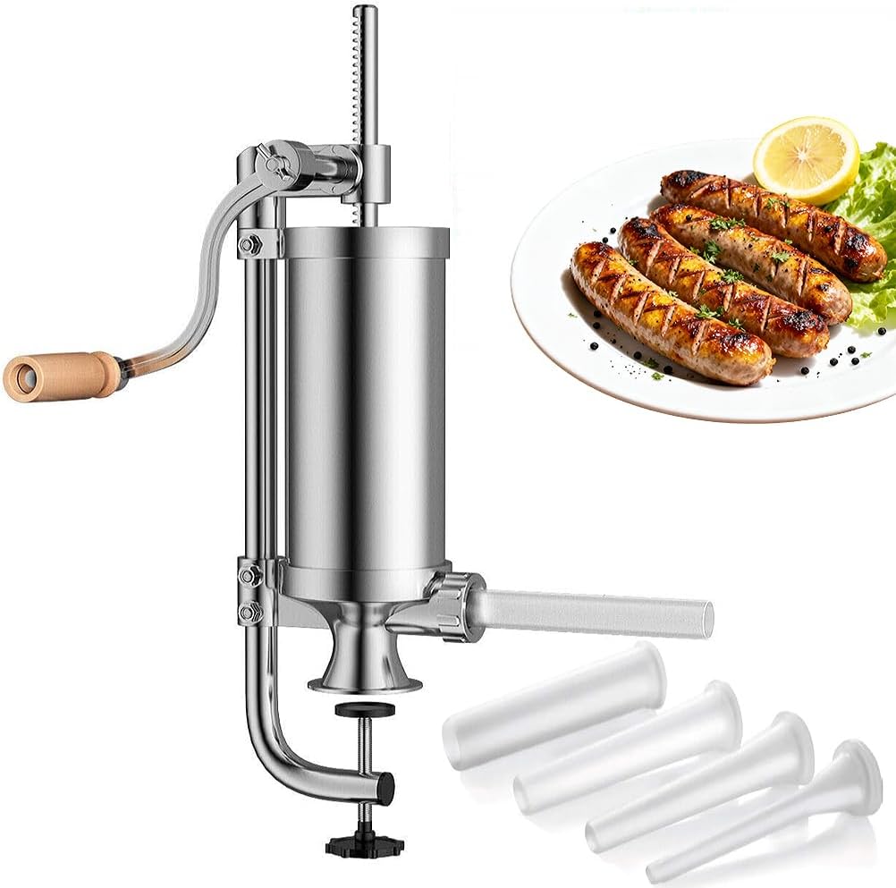 2.5 LBS Sausage Stuffer, Vertical Meat Filling Kitchen Machine Manual Sausage Maker Kit, Food-Grade 304 Stainless Steel Barrel with 4 Sizes of Food-Grade Sausage Tubes for Home Commercial