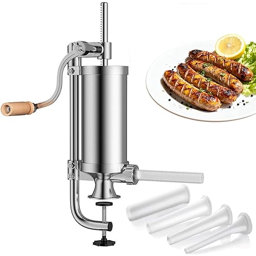 2.5 LBS Sausage Stuffer, Vertical Meat Filling Kitchen Machine Manual Sausage Maker Kit, Food-Grade 304 Stainless Steel Barrel with 4 Sizes of Food-Grade Sausage Tubes for Home Commercial