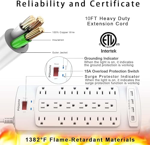 Miniatura 6 de 18 Outlets Surge Protector Power Strip - 10 Feet Flat Plug Heavy Duty Extension Cord with 18 Widely Outlets and 4 USB Ports, 2100 Joules, White, ETL