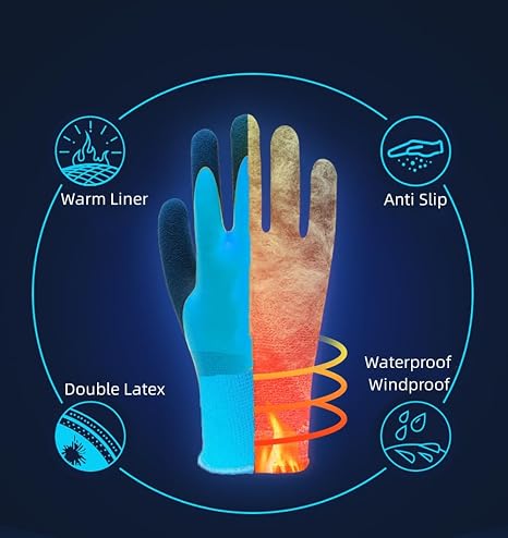 2 Pairs Waterproof Thermal Winter Work Gloves Polar Fleece Liner Superior Grip Double Latex Coating for Garden Logistics Warehousing in Cold Weather Outdoor Activities
