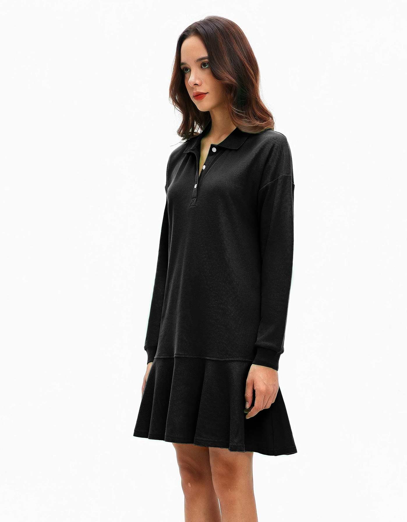 YEXPINE Mini robe polo à manches longues et col en V avec ourlet à volants pour femme