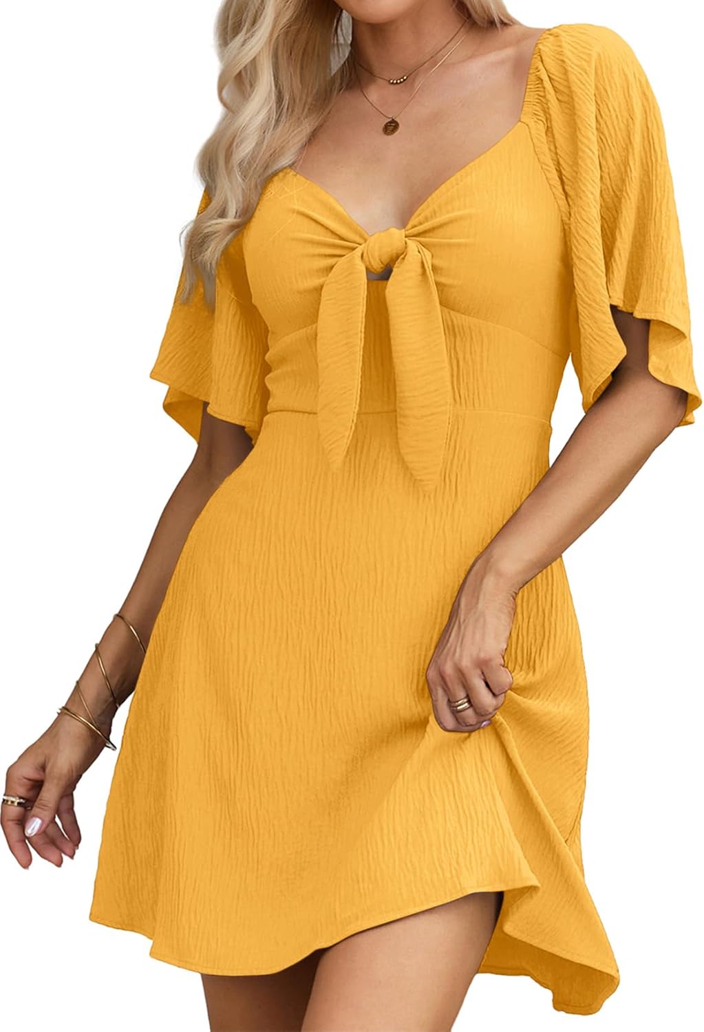 Dokotoo Womens Dresses 2024 Fall Summer Deep V Neck Elegant Bow tie Mini Dress S-XL Large Citrus