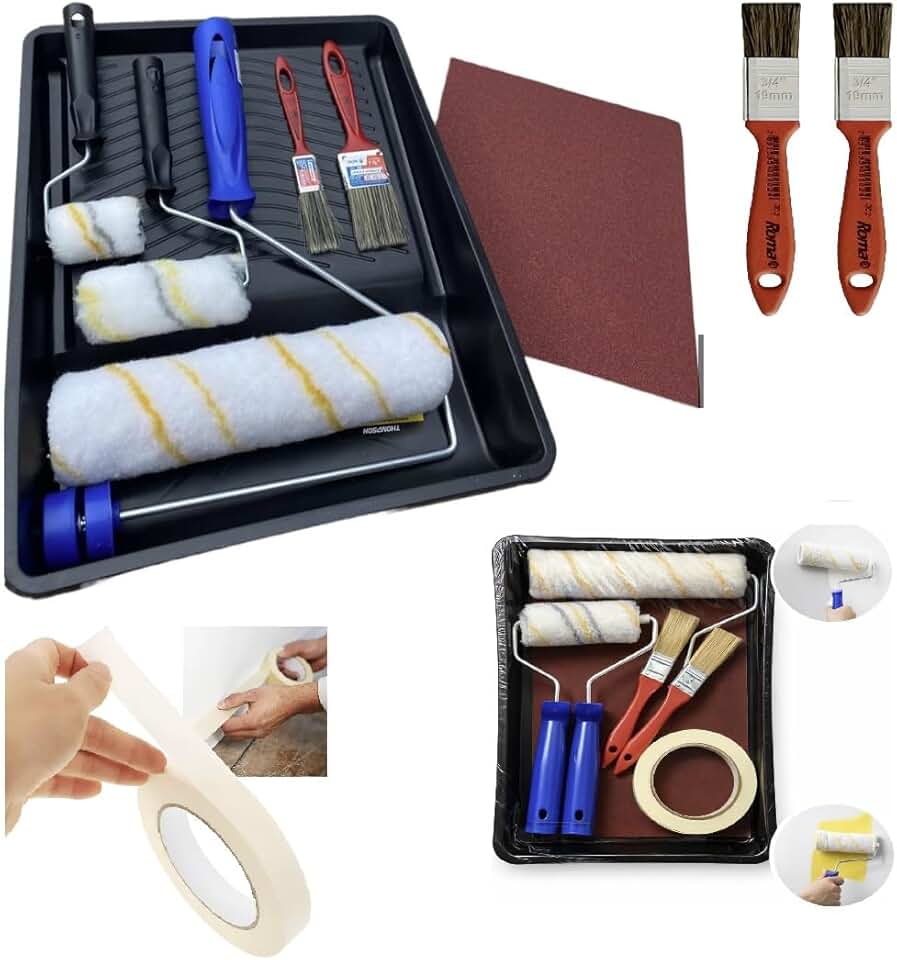 Kit Pintura Parede Profissional Multiuso: 1 Bandeja 9" + 1 Suporte Rolo/Garfo + 3 Rolos Lã (Pequeno, Médio, Grande) + 1 Fita Crepe 24mm x 50Mt + 2 Pincéis 3/4" + 7 Lixas de Parede Grão 100
