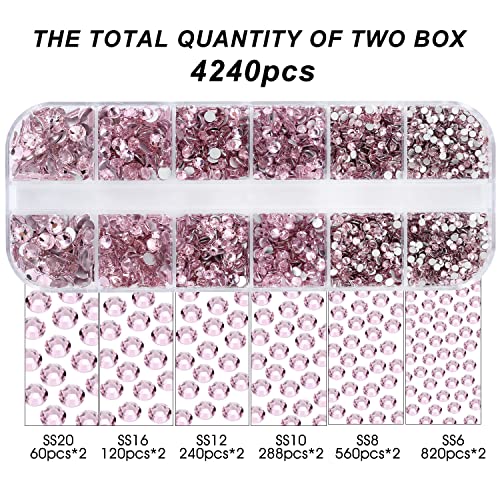4240Pcs Flatback Pink Rhinestones Glass Crystal Gemstones For Nail Art Jewels Makeup Shiny Round With Tweezers And Picking Pen (Ss6~Ss20 Set)… #TOP2