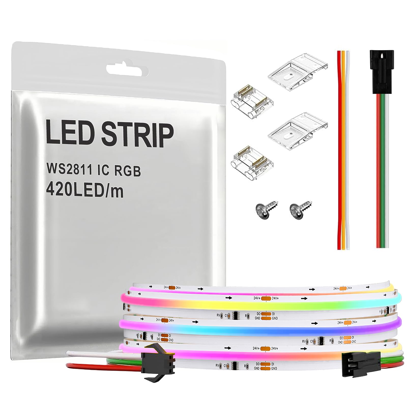 SPI COB RGB IC LED Strip Light FOB WS2811 High Density Uniform Light UL-Listed Dream Color Strip Light DC24V 6.4FT 840LEDs White PCB Chasing Color Strip Dimmable LED Tape for Bedroom Party Indoor