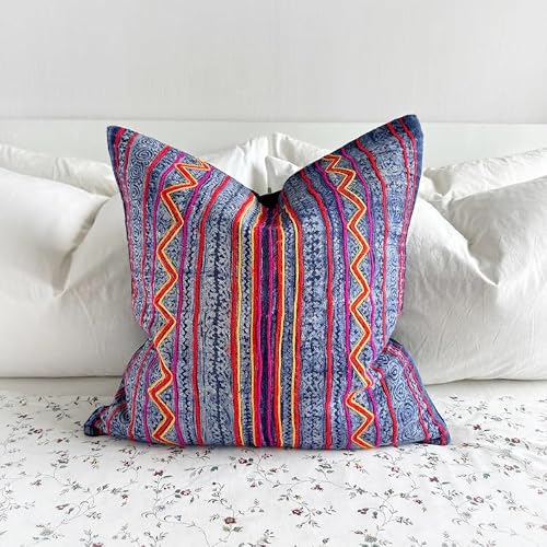 Bohemian Hmong Embroidery Pillow Cover, Handmade Indigo Batik Decorative Throw Pillow Case, Colorful Zigzag Stripe Cushion Cover for Sofa Couch Living Room Bedroom, 18x18 Inch (Pillow Insert Not Inclu
