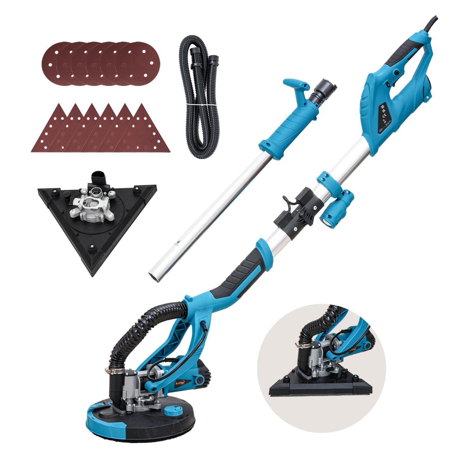 KATSU Tools Electric Drywall Sander 950W with Dual Disc (Round + Triangular), Telescopic Foldable Aluminum Handle, LED Torch, 6 Variable Speeds, 12 Sandpapers, for Ceiling Wall Sanding