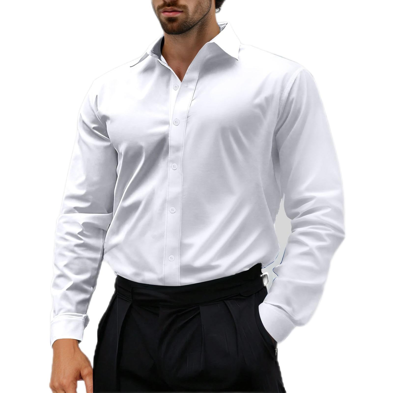 Mens Dress Shirts Business Button Down Long Sleeve Formal Shirt Solid Color Slim Fit Stylish Tops Office Work