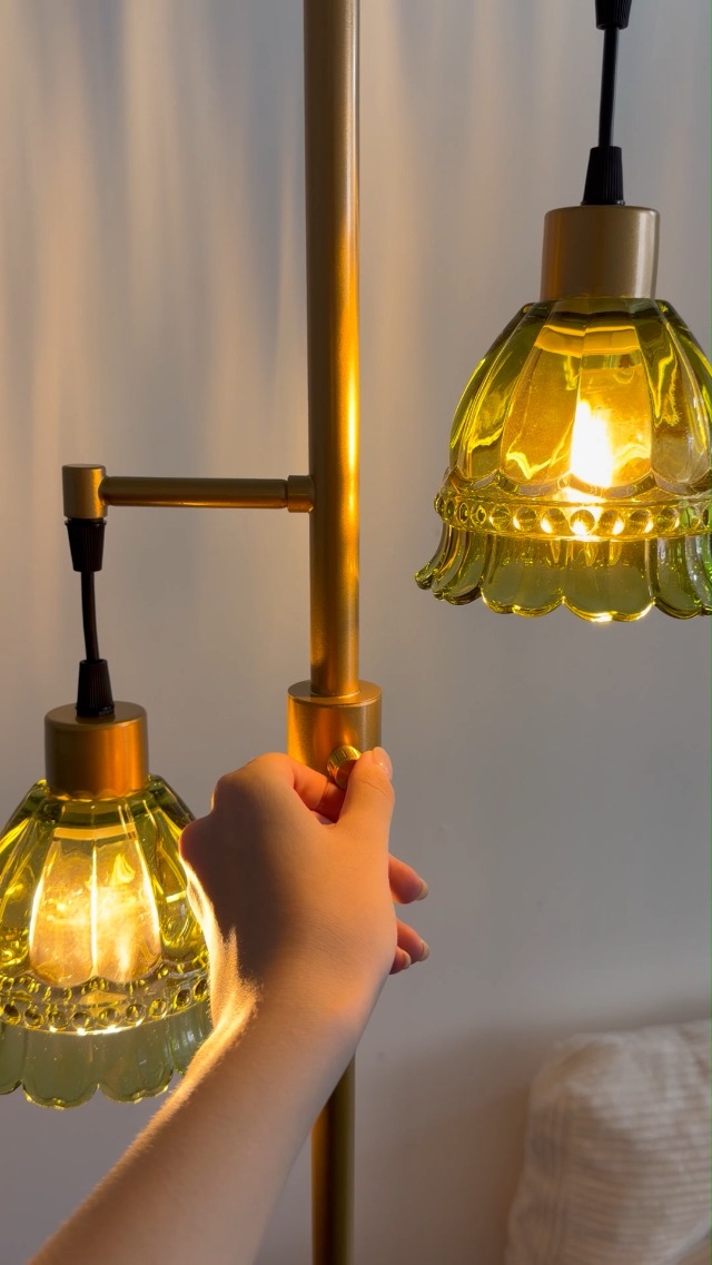 Image of Lightdot Glass Floor Lamp 2-Light Green Flower Dimmable Gold Floor Lamps