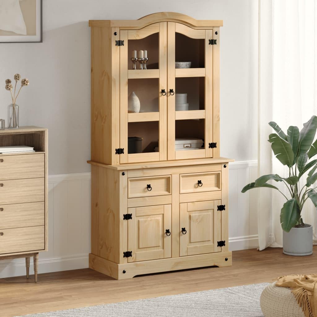 Vitrina Corona 100 x 48,5 x 179 cm, madera maciza de pino acabado en cera de miel, armario rústico con puertas de cristal, espacio de almacenamiento para colecciones, duradero, resistente