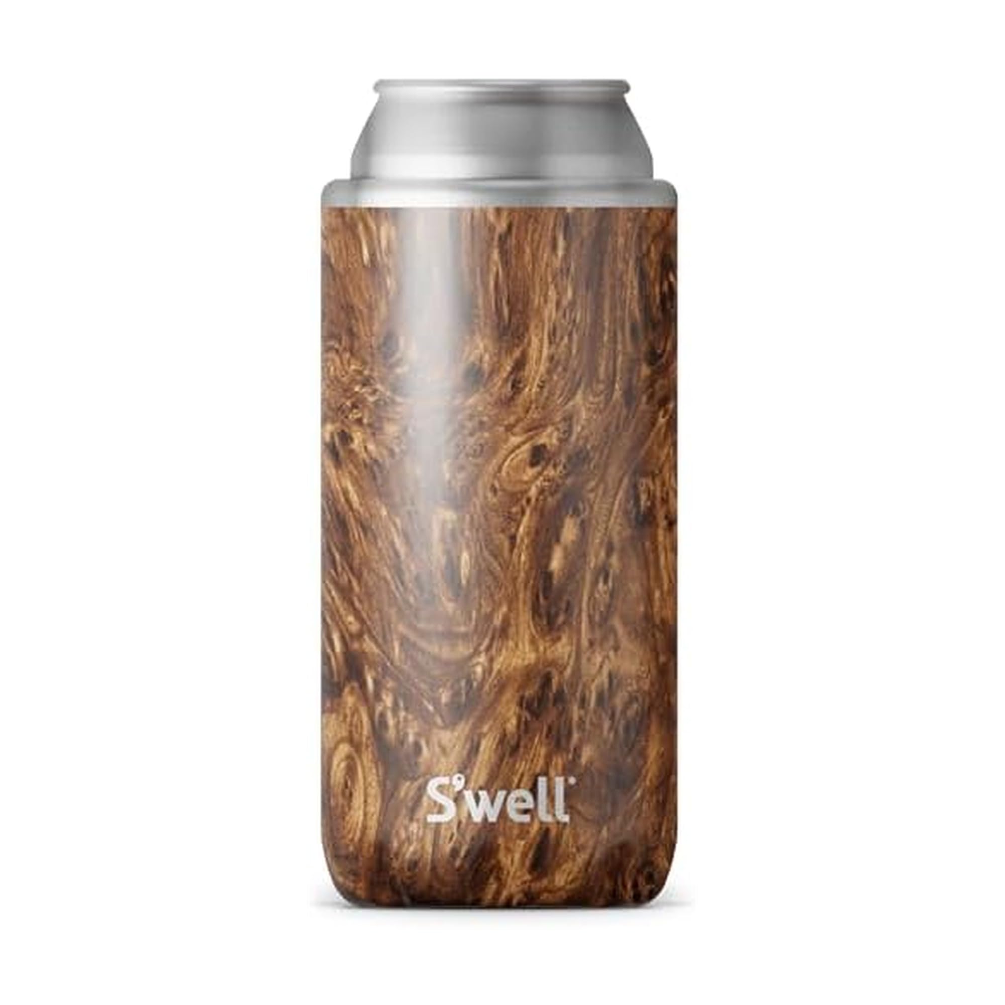S'well Stainless Steel Slim Drink Chiller, Fits Slim 12oz Cans and Bottles, Teakwood, Triple Layered Vacuum Insulated Container Keeps Drinks Cold for