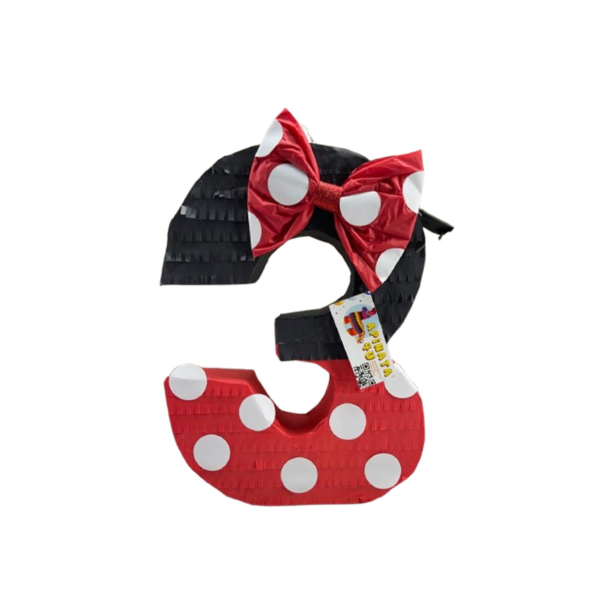 APINATA4U Red and Black Number Three Pinata with Bow and White Polka Dotes, Themed Fun Party Decorations, 3rd Birthday Celebration Large Number 3