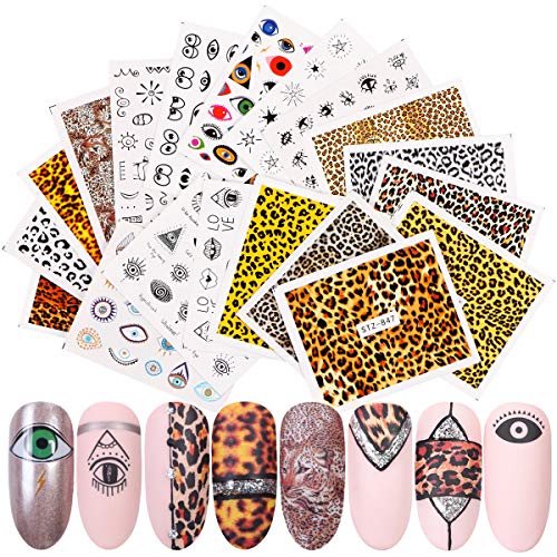 Leopard Print Mysterious Eye Nail Art Stickers, KISSBUTY 19 Sheets Leopard Print Mysterious Eye Nail Water Transfer Stickers Wraps Adhesive Fashion Leopard Pattern Nail Art Tattoos Eyes Nail Decals