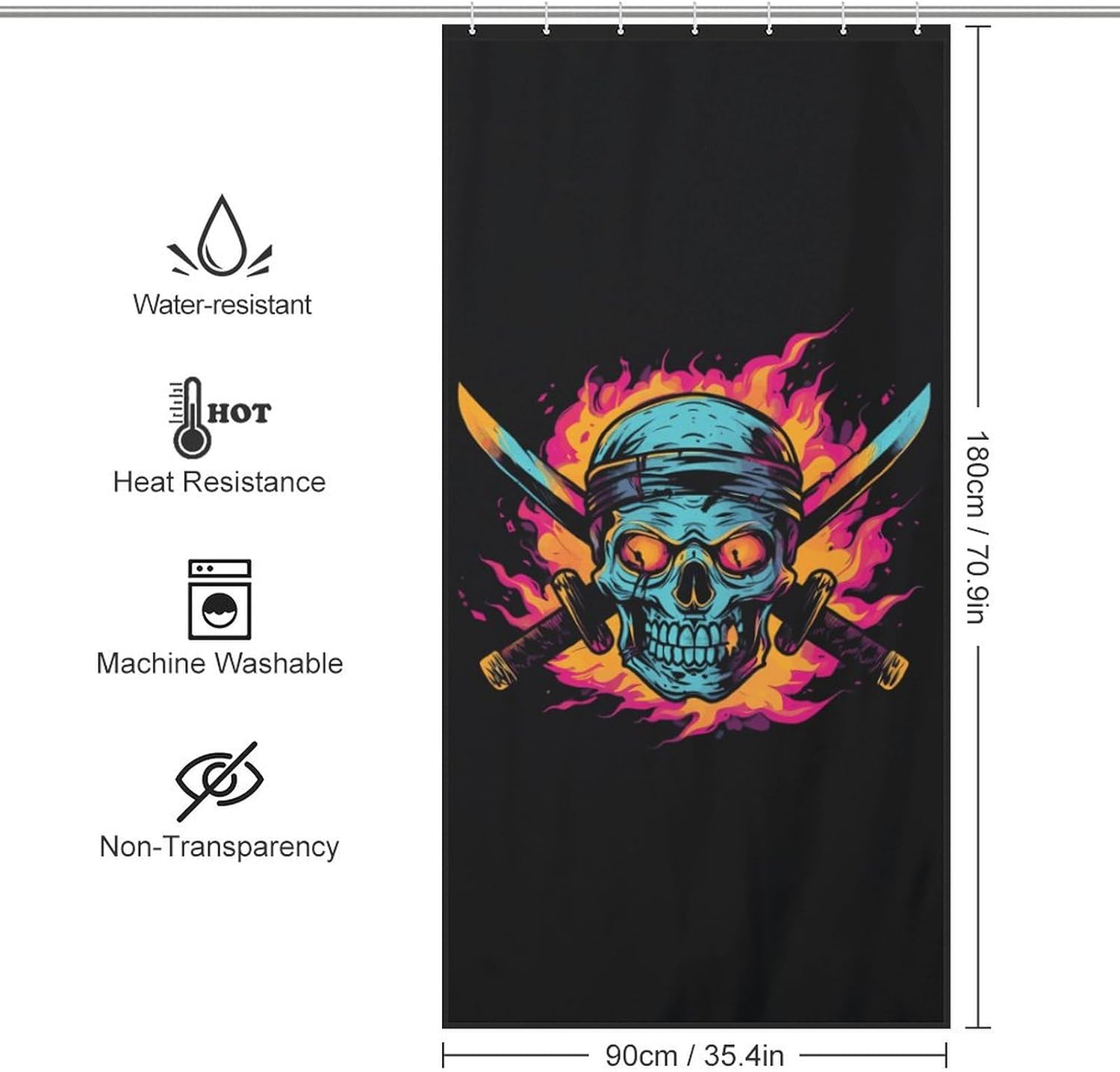 Angry Skull Flame Funny Shower Curtains Washable Bath Curtain Liner with Hooks for Bathroom Bath Tubs