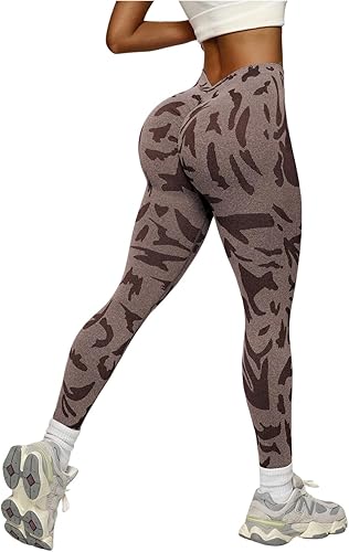 OYOANGLE Women's V Back Waist Yoga Leggings Printed High Waisted Scrunch Butt Li