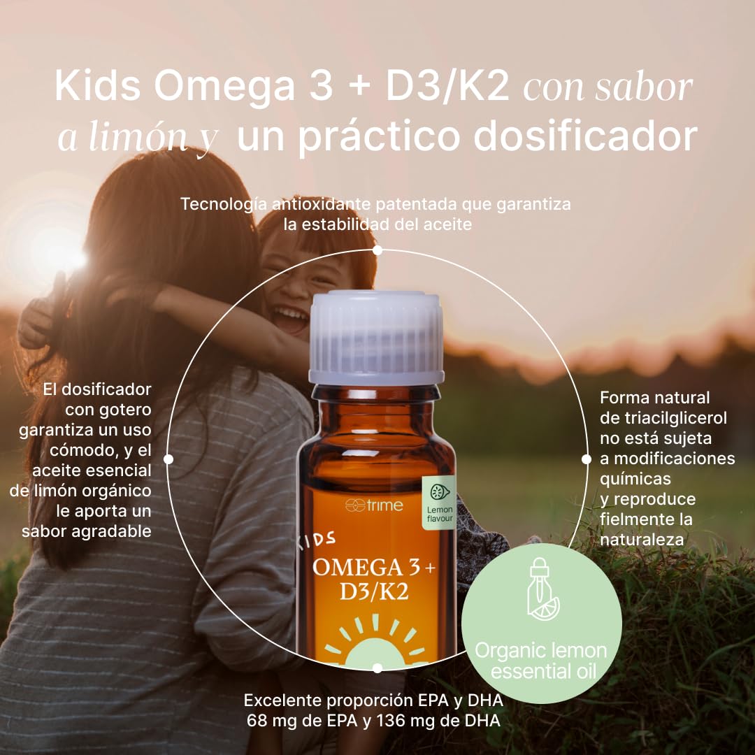 Kids Omega 3 + Vitamin D3 & K2 Tropfen aus Mikroalgen für Kinder | Unterstützung des Immunsystems, Gesunde Entwicklung, 31 ml, 60 Portionen, Zitrone