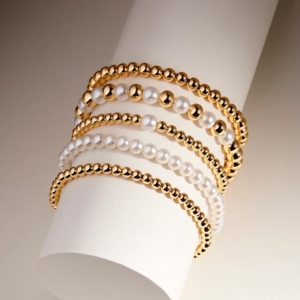 14K Gold Plated Pearl Beaded Cross Bracelets Stack Set for Women,Stretch Boho Colorful Christian Beads Ball Jewelry Friendship Summer Trendy Gift image 5