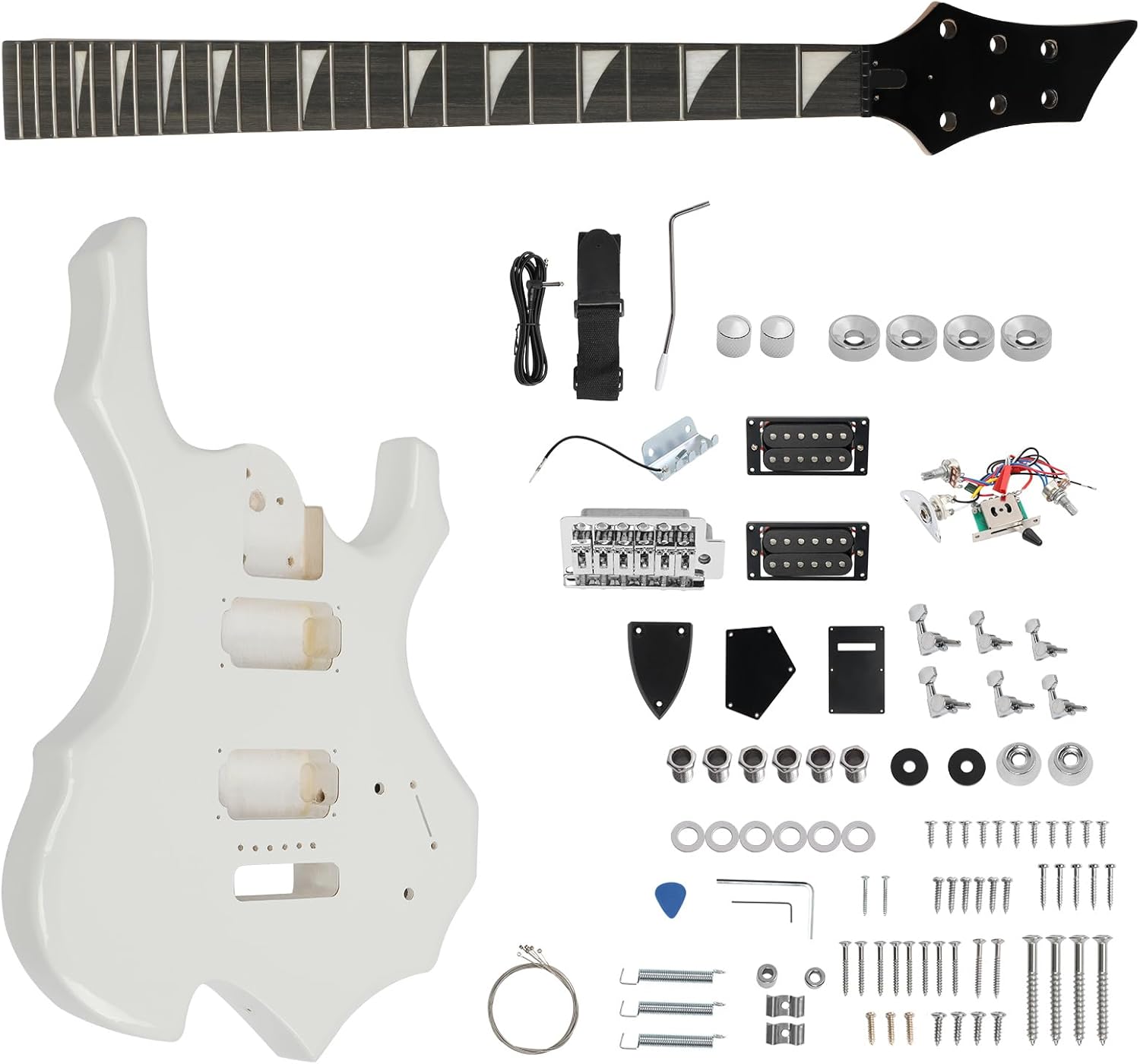 DIY Guitar Kit with Mahogany Body, Ebony Fingerboard and Maple Neck, 6 String DIY electric Guitar Kit, Easy Installation & Full Equipment to Build Your Own Guitar (White)