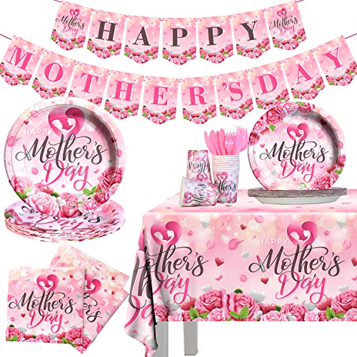 Happy Mother’s Day Party Supplies,142pcs Mother’s Day Tableware Include Disposable Plates Cups Waterproof Tablecloth for Best Mom Day Decoration