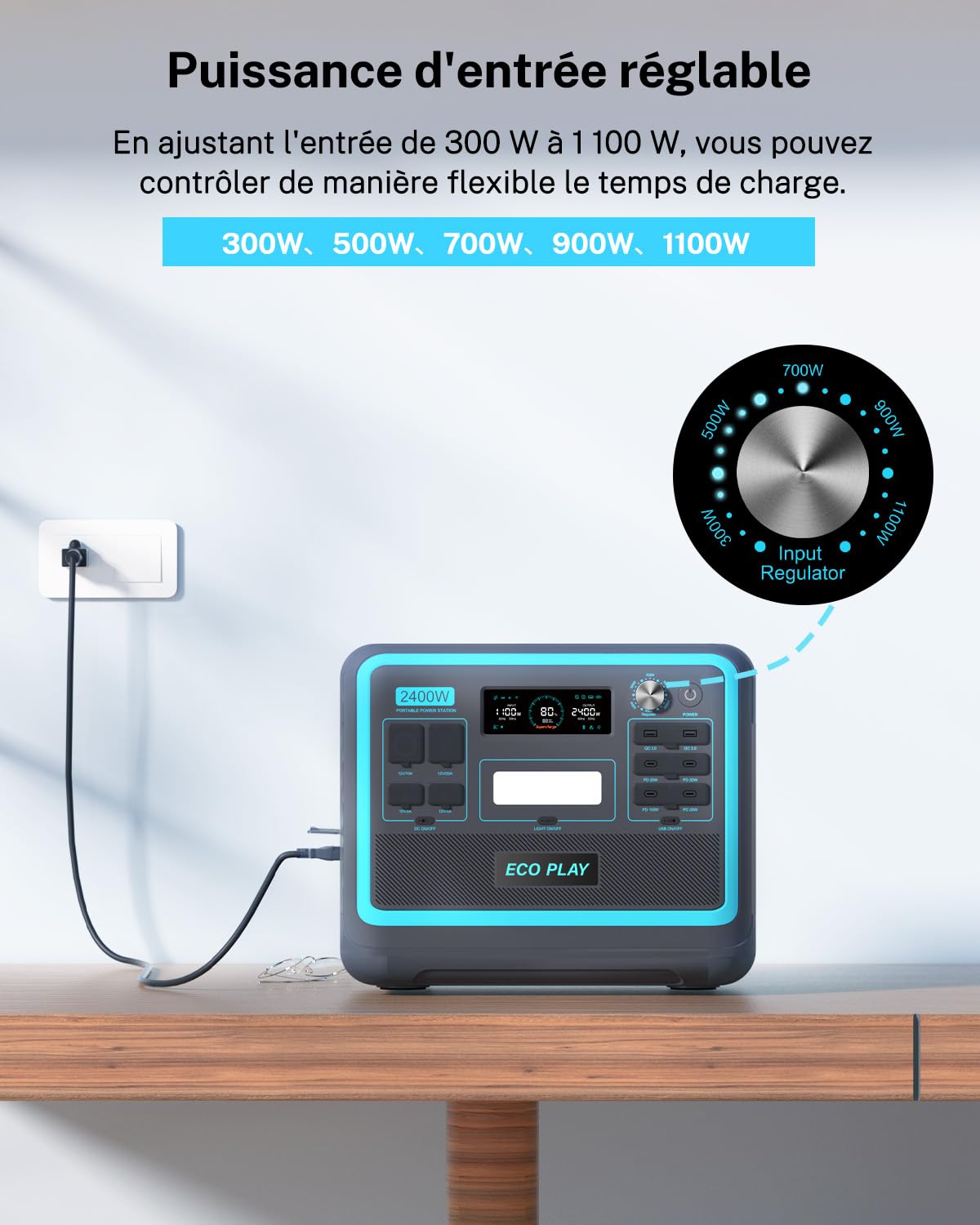 Eco Play Generateur Electrique Portable 2400W(4800W Pic), 2048Wh LiFePO4 Batterie de Secours,Générateur Électrique Solaire pour Camping/Maison/Bureau (Avec Chariot à Main Pliable)